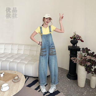 韩系宽松遮胯阔腿连体裤 新款 子 女2026春季 减龄休闲吊带牛仔背带裤