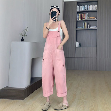 粉色炸街破洞九分背带裤女2026夏季薄款高腰显瘦小个子阔腿连体裤