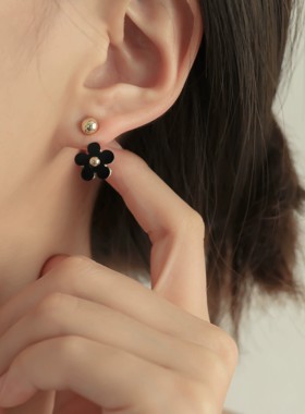 新潮个性简约黑色小花耳钉复古日韩低调前后戴小众耳饰女