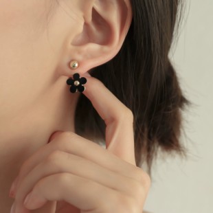 新潮个性简约黑色小花耳钉复古日韩低调前后戴小众耳饰女