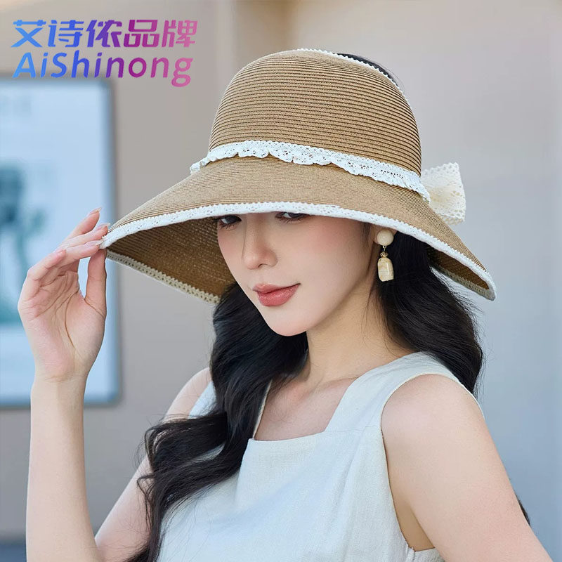 2026法式蝴蝶结空顶帽女夏大檐遮阳防晒帽度假沙滩帽蕾丝装饰时尚