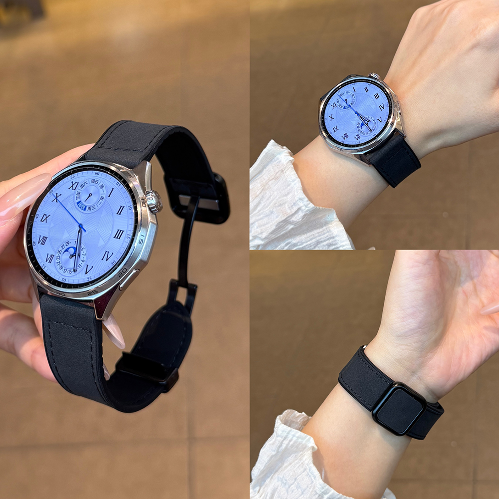 适用三星watch4/5/6/7方扣磁吸Active2疯马皮纹硅胶腕带GearS3/S4
