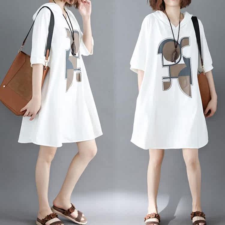 By age Sleeve Dress 2018 Summer wear new pattern Korean Edition Easy Large Hooded Women's wear Mid length version T-shirt skirtin the Women's clothing/Boutique , Large size women  category - from Buy2taobao.com to provide professional Taobao agent buy service