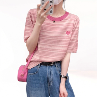女 爱心刺绣冰丝上衣气质减龄小衫 欧货洋气撞色条纹短袖 202夏季