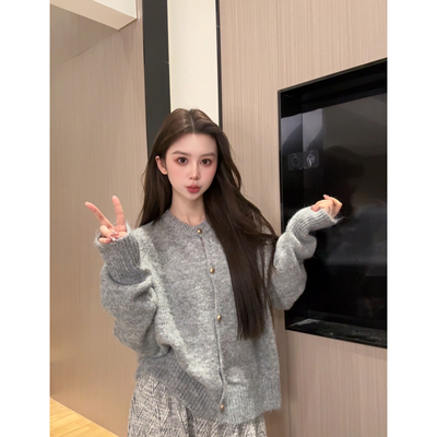 韩系外穿洋气长袖毛衣女2025秋季新款慵懒风短款宽松针织开衫上衣