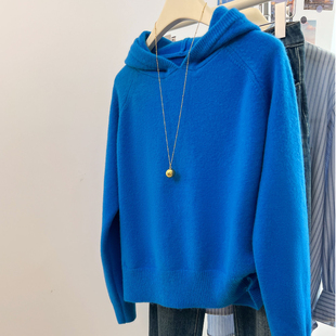 广州十三行女装高端欧货克莱因宝蓝色带连帽针织打底衫厚毛衣秋冬