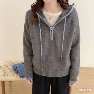 女毛针织衫女款秋冬慵懒针织帽衫秋季韩版宽松纯色套头套头加厚女
