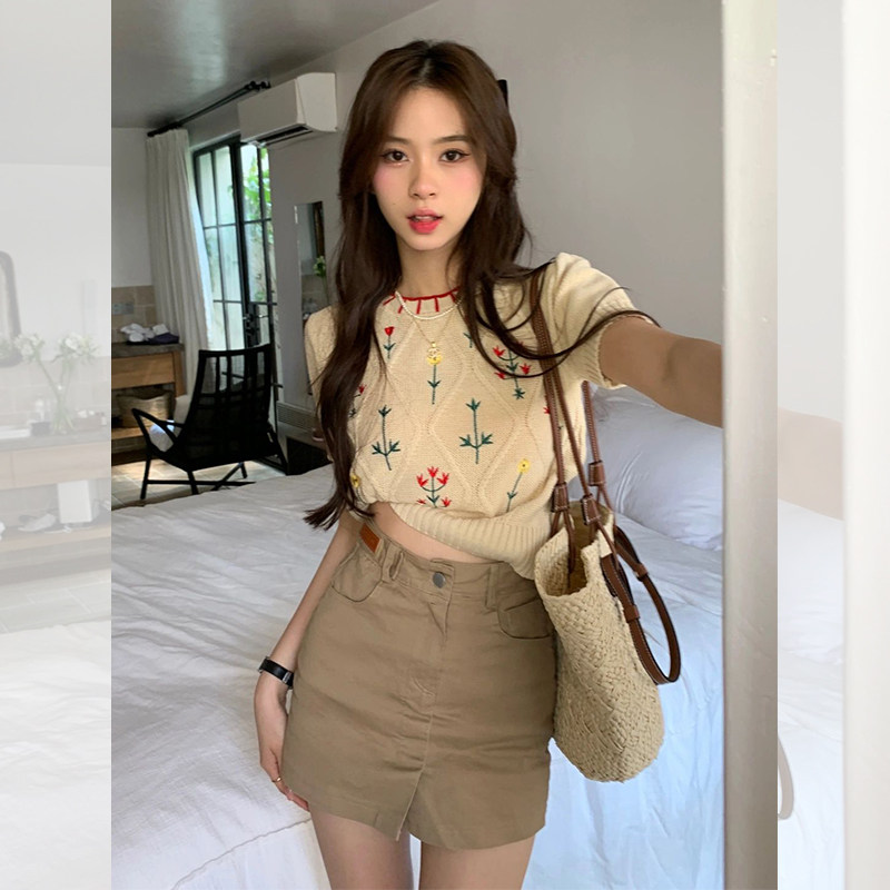 美式复古短袖黄色正肩t恤女夏设毛针织衫