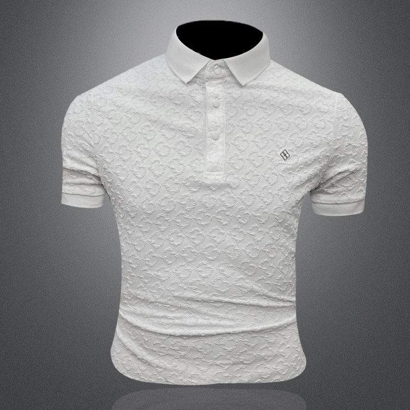 2026新款夏季丝光棉提花男士POLO翻领T恤6282P53白3D图，男装T恤，电商A315