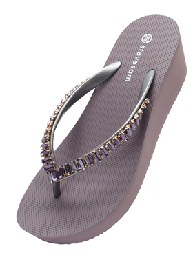 6cm紫色方钻人字拖鞋女夏新款高跟软底夹脚拖外穿防滑度假沙滩拖