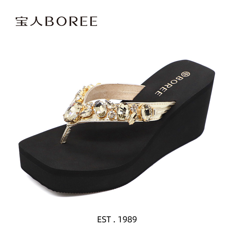 宝人2025新款厚底人字拖女夏高级感水钻夹脚拖外穿防滑增高凉拖鞋