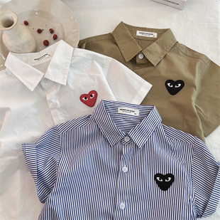 辰妈儿童短袖,2023夏男女童纯色爱心贴标衬衫,宝宝条纹短袖,衬衫,衬衣