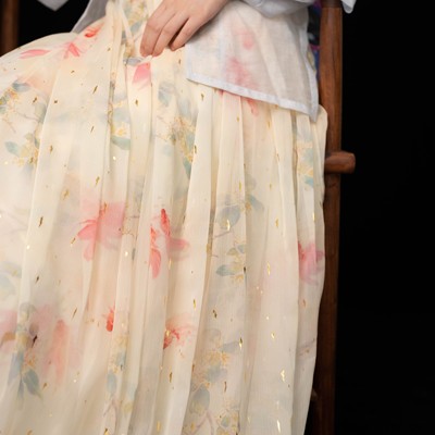 凤翥斋烫金雪纺印花半褶裙