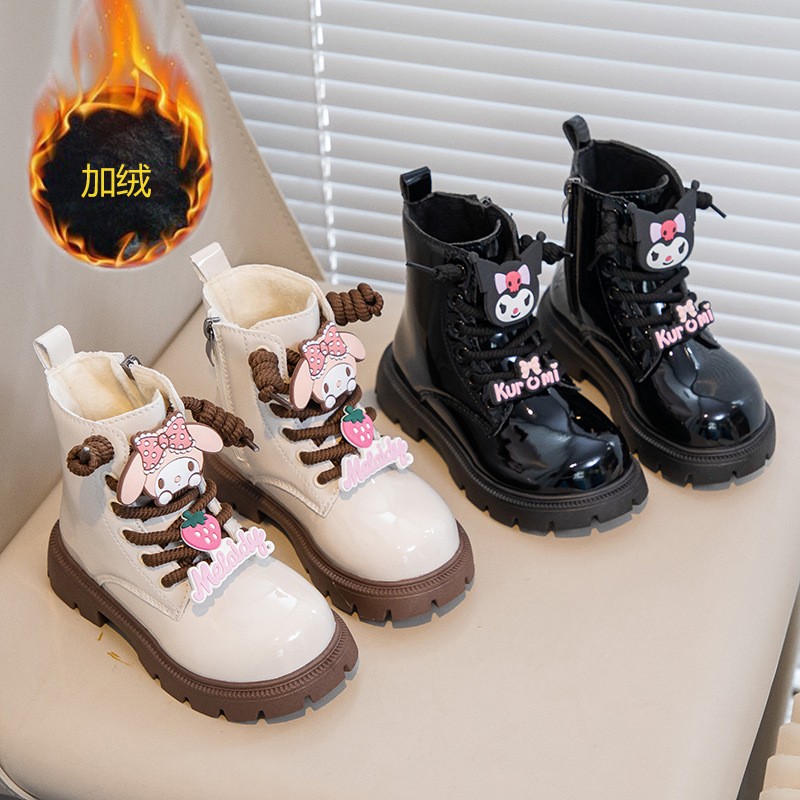 女童马丁靴侧拉链秋冬库洛米公主风中筒靴亮皮防水软底女孩时装鞋