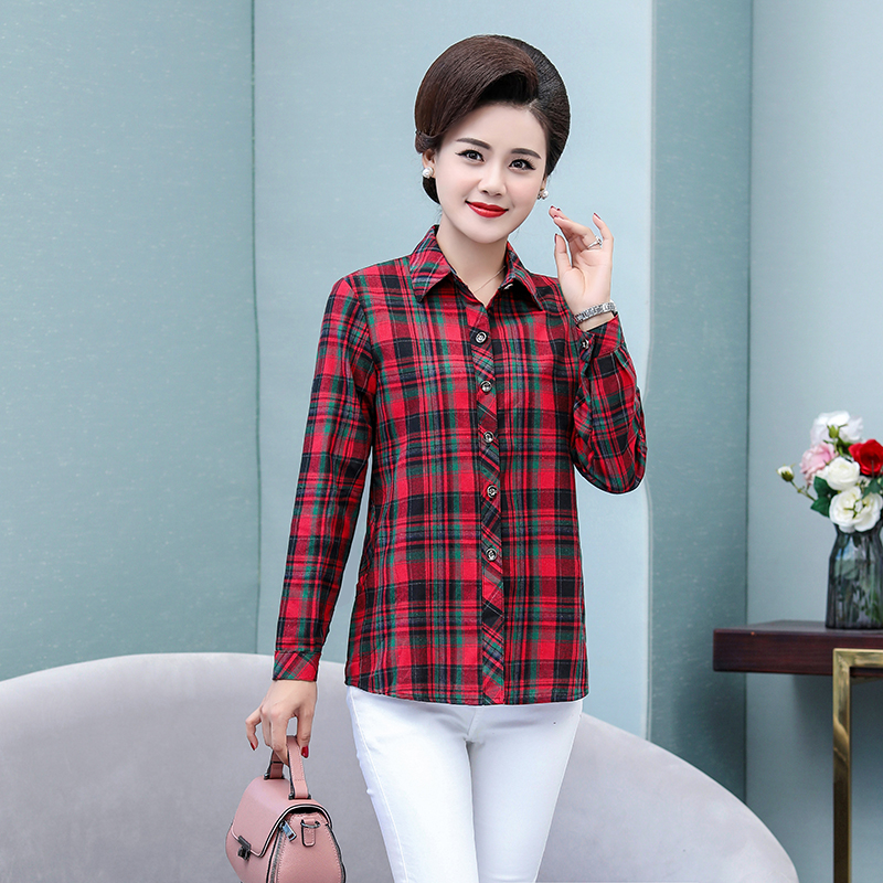中年妈妈装长袖大码百搭格子衬衫