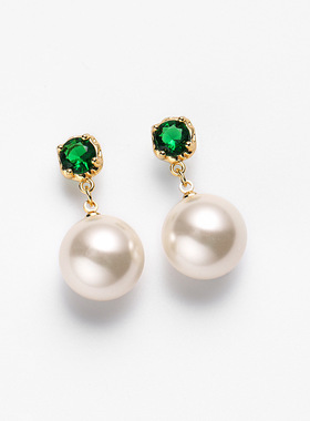 戴拉施家珍珠耳环女时尚银针耳饰复古绿色锆石 小众高级气质耳坠