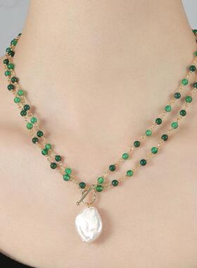 绿色玛瑙+巴洛克淡水珍珠吊坠