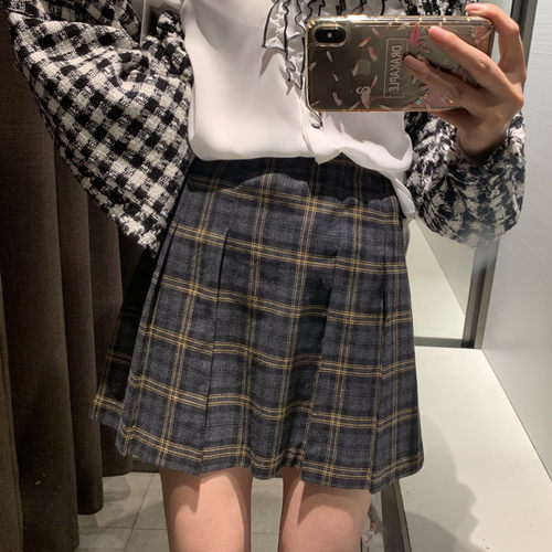 BM短裙秋冬复古高腰格子ins潮