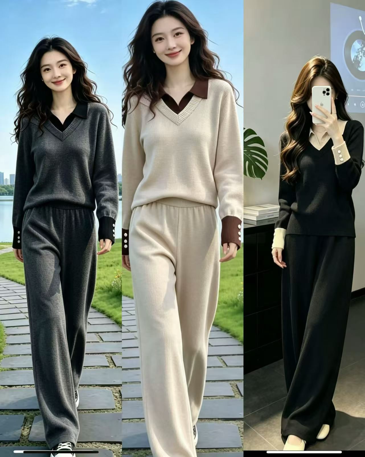 十三行假两件翻领针织时尚套装女2026新款春秋款内搭洋气大码女装