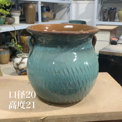 大肚子耳朵均粗陶亮色釉绿色花盆