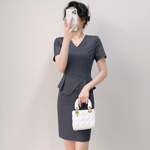 灰色连衣裙女职业气质夏季薄款酒店前台工作装美容院珠宝店工作服