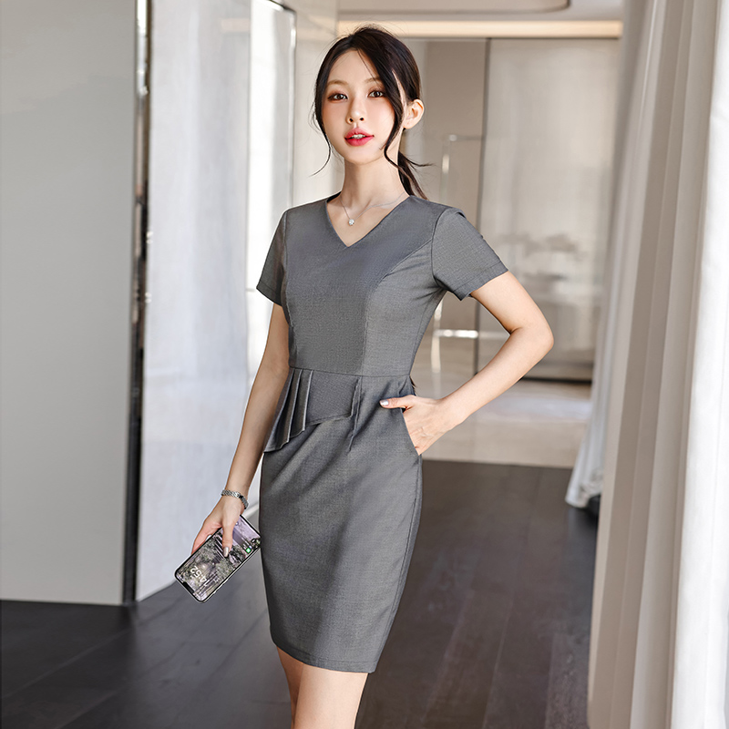 高端气质灰色连衣裙女夏季短袖修身显瘦时尚工作服珠宝店工装制服