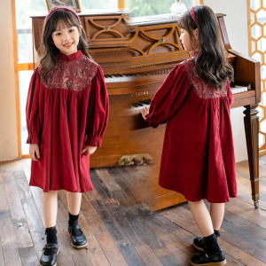 女童秋冬连衣裙儿童红色立领裙子中国风过年拜年服小女孩洋气公主