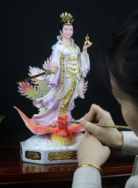 九天玄女兵法女神佛像家用汉白玉石粉雕刻客厅桌面玄关菩萨佛摆件