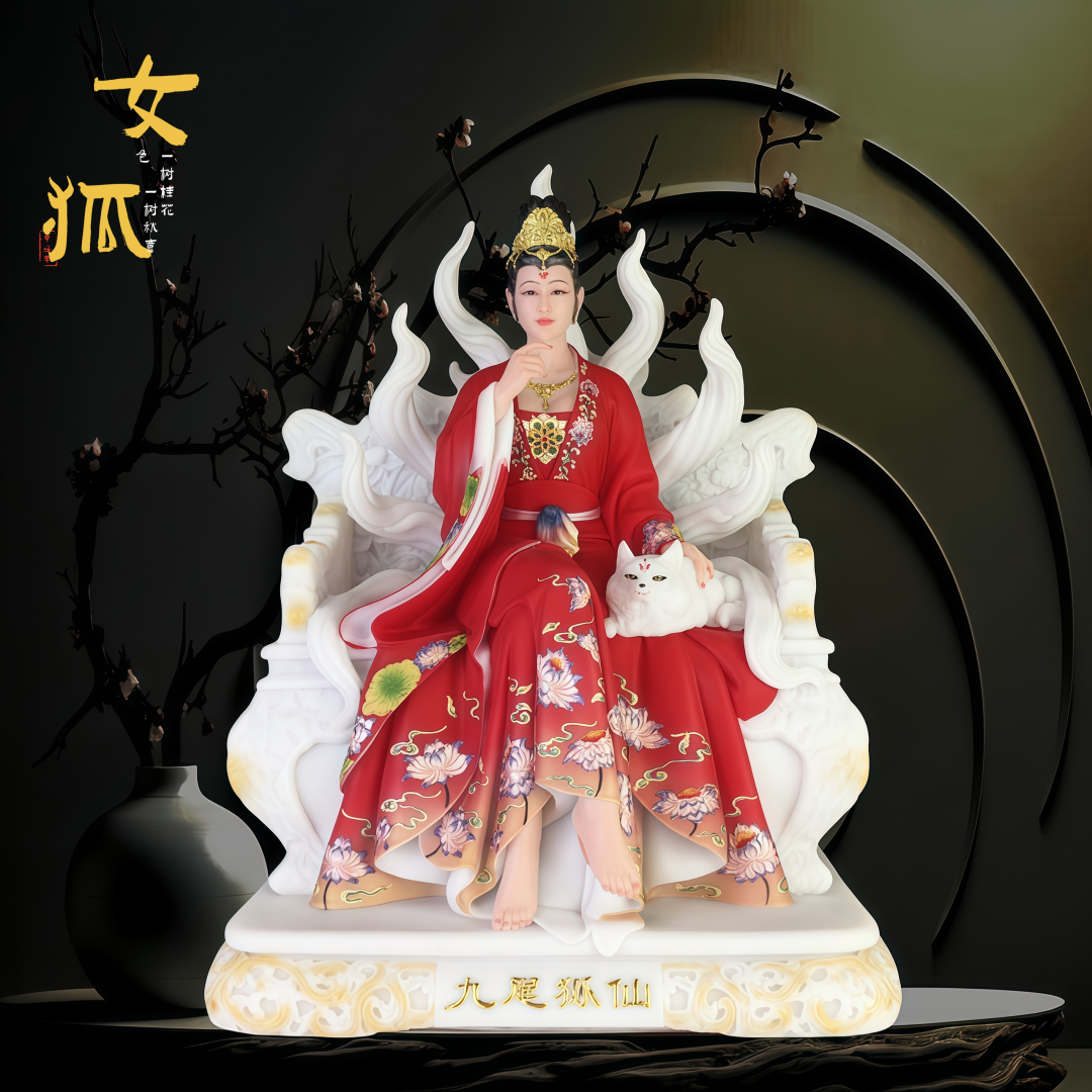 2025新款菩萨家用汉白玉彩实心九尾狐神像佛像玄关桌摆件
