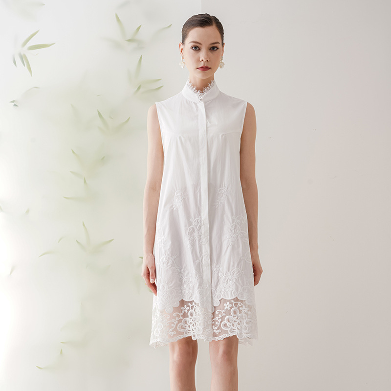 【古梵孜】箴言夏姿棉拼真丝立领刺绣明星同款无袖背心连衣裙2442