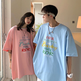 情侣装夏装字母彩色印花短袖T恤衫大码宽松班服G1013P30女类，男装T恤，电商A339
