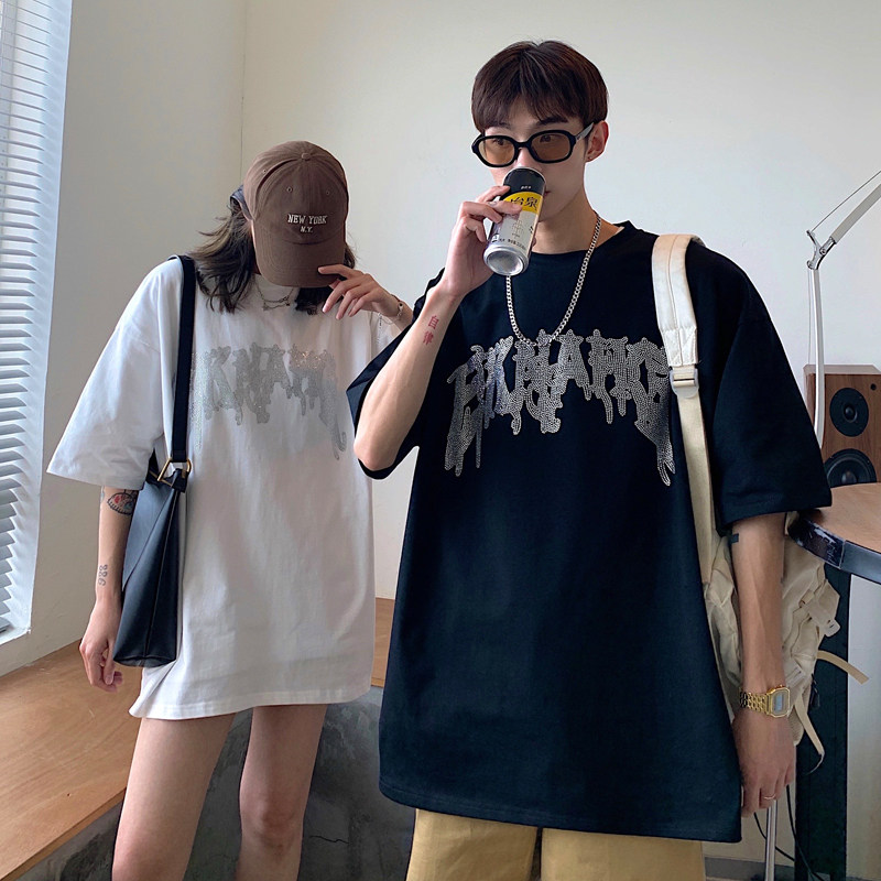 主推情侣装夏装字母烫钻高街宽松情侣短袖T恤大码G1011P38女类,男装T恤,电商A339