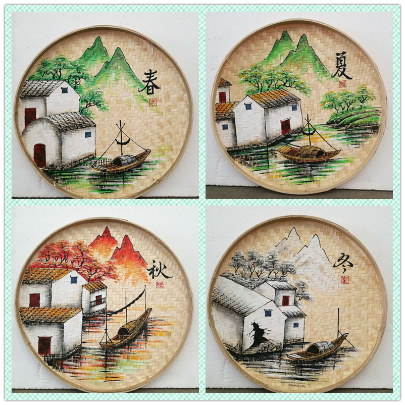 纯手工竹簸箕画竹匾竹筛竹编创意彩绘画竹筐农家乐火锅店复古装饰