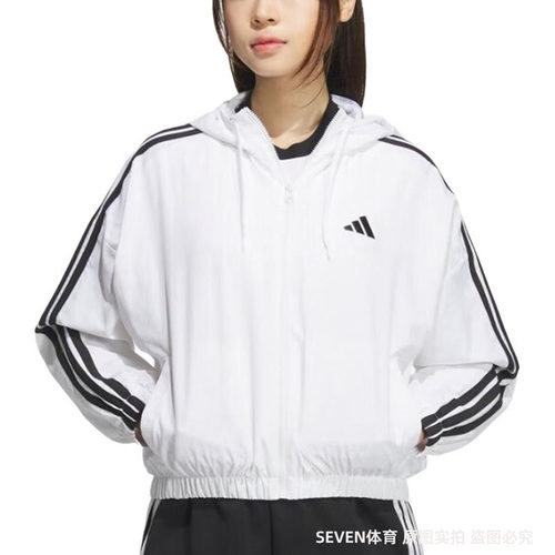 阿迪达斯梭织外套女装2025春季跑步训练运动服休闲连帽茄克JZ2161
