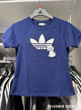 Adidas阿迪达斯三叶草女玛丽猫联名款纯棉运动短袖圆领T恤 KC3096