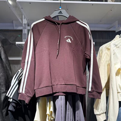 Adidas阿迪达斯女休闲连帽卫衣25新款轻运动三条纹套头衫 KC0033