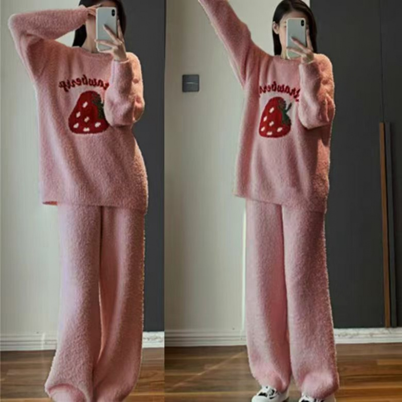 半边绒可爱草莓套装保暖睡衣女长