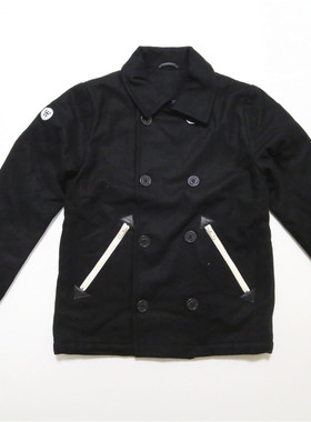 北欧丹麦街潮牌素款毛呢peacoat甲板薄外套复古纯色翻领大衣夹克