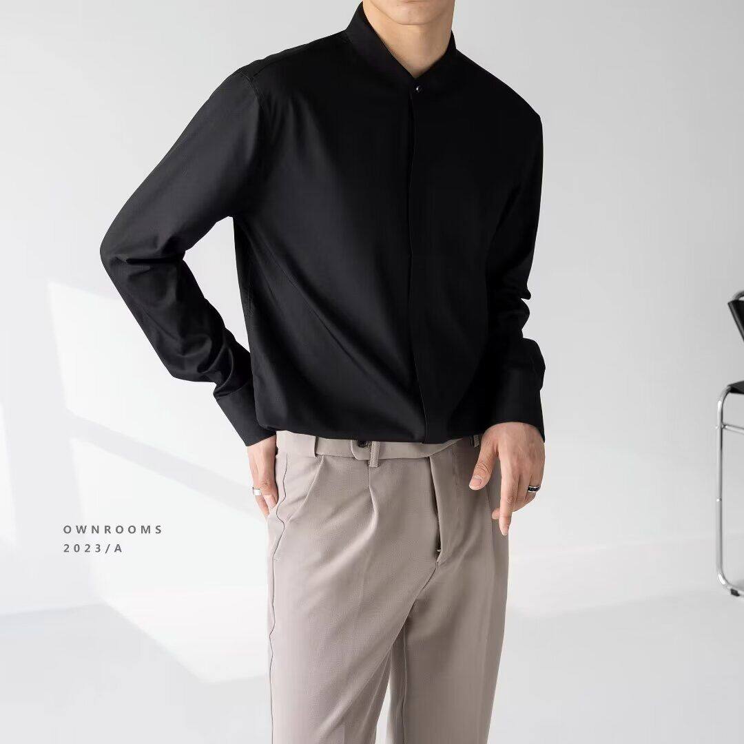 纯色长袖衬衫日系港风ins宽松衬衣男生夏季潮流百搭休闲立领外套