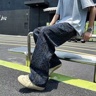 潮牌宽松直筒阔腿裤 美式 夏季 复古豹纹牛仔裤 子高街vibe风小众 男款