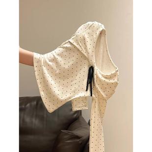 卓泽网批螺纹德绒270克韩系满印波点蝴蝶结长袖 上衣女甜美打