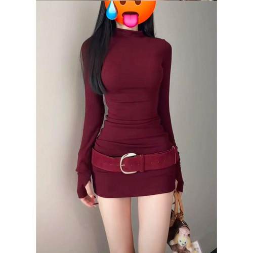 纯欲辣妹高领紧身收腰红色连衣裙女冬季内搭显瘦弹力百搭包臀短裙