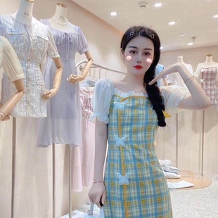 2024新款 饰修身 风格 旗袍蝴蝶装 显瘦一字肩连衣裙 子泡泡袖 夏季