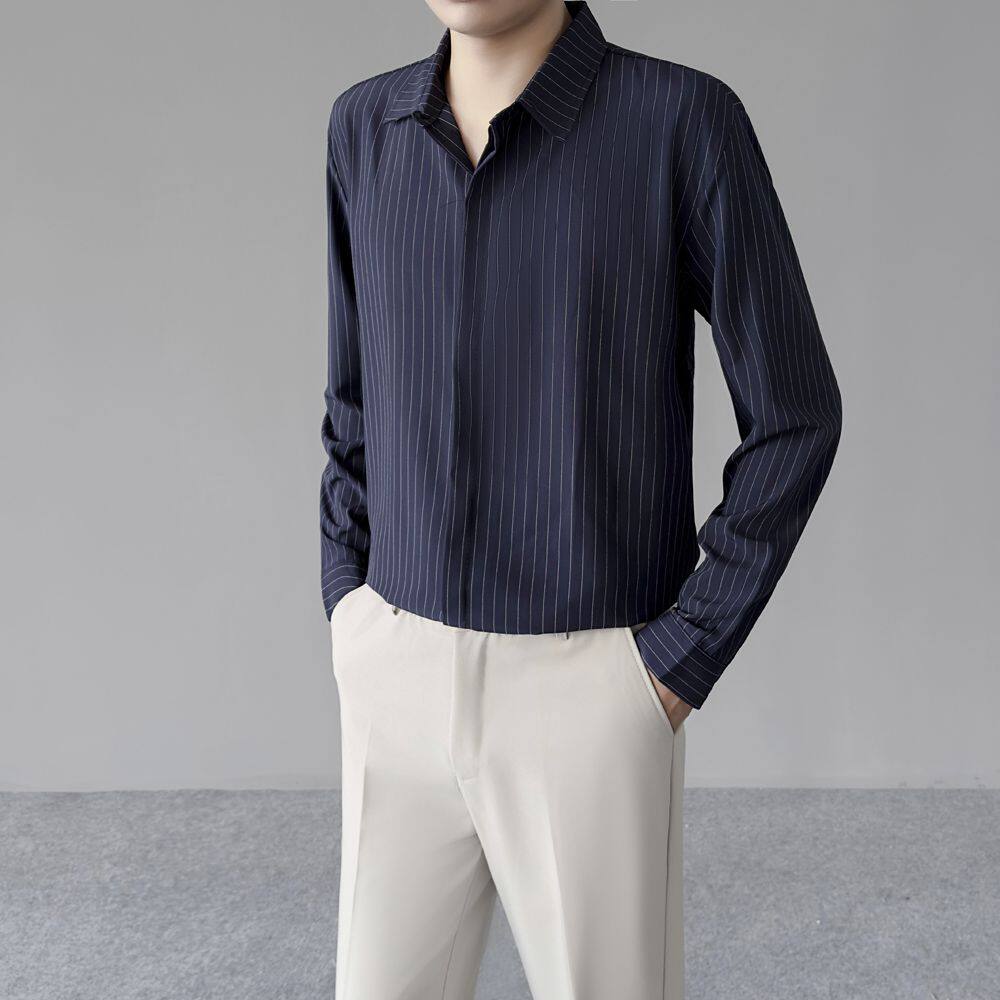 白色长袖衬衫男宽松纯色休闲男生条纹长袖上衣春夏韩版潮流垂感衬