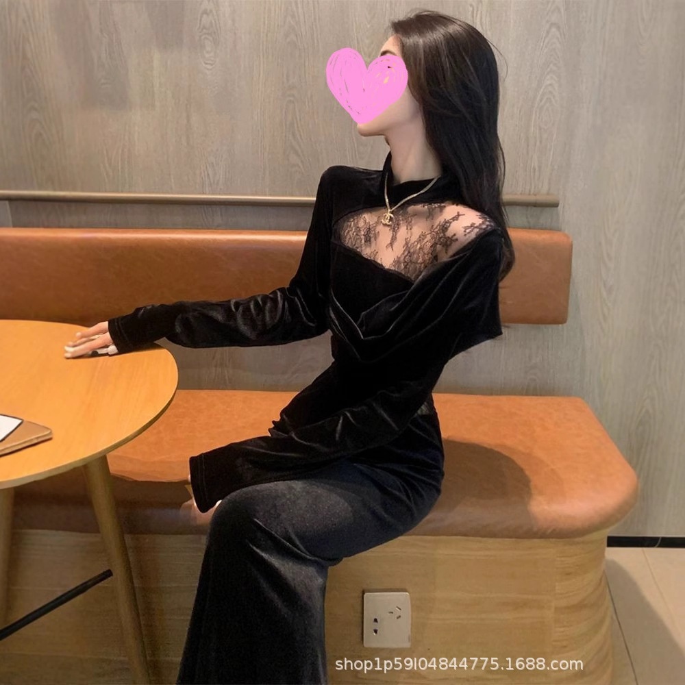 生日礼服裙宴会女气质蕾丝长裙富家千金感穿搭黑色丝绒连衣裙