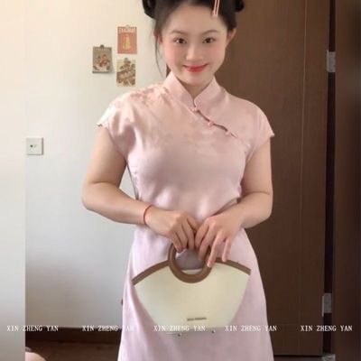 大码胖MM新中式改良粉色旗袍连衣裙温柔风气质收腰显瘦a字长裙字