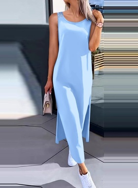 2025亚马逊 速卖通新款 夏季简约纯色后背花边无袖连衣裙女装