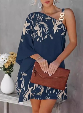 跨境女装2023速卖通亚马逊欧美夏季新款印花性感斜领露肩连衣裙