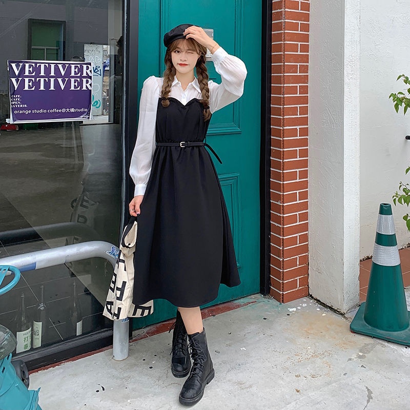 2025春秋新款气质显瘦拼接假两件POLO领泡泡袖衬衫连衣裙A字裙女