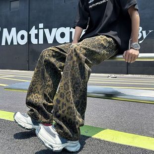 美式 子 复古豹纹牛仔裤 男女潮流宽松休闲直筒显瘦痞帅垂感微喇长裤